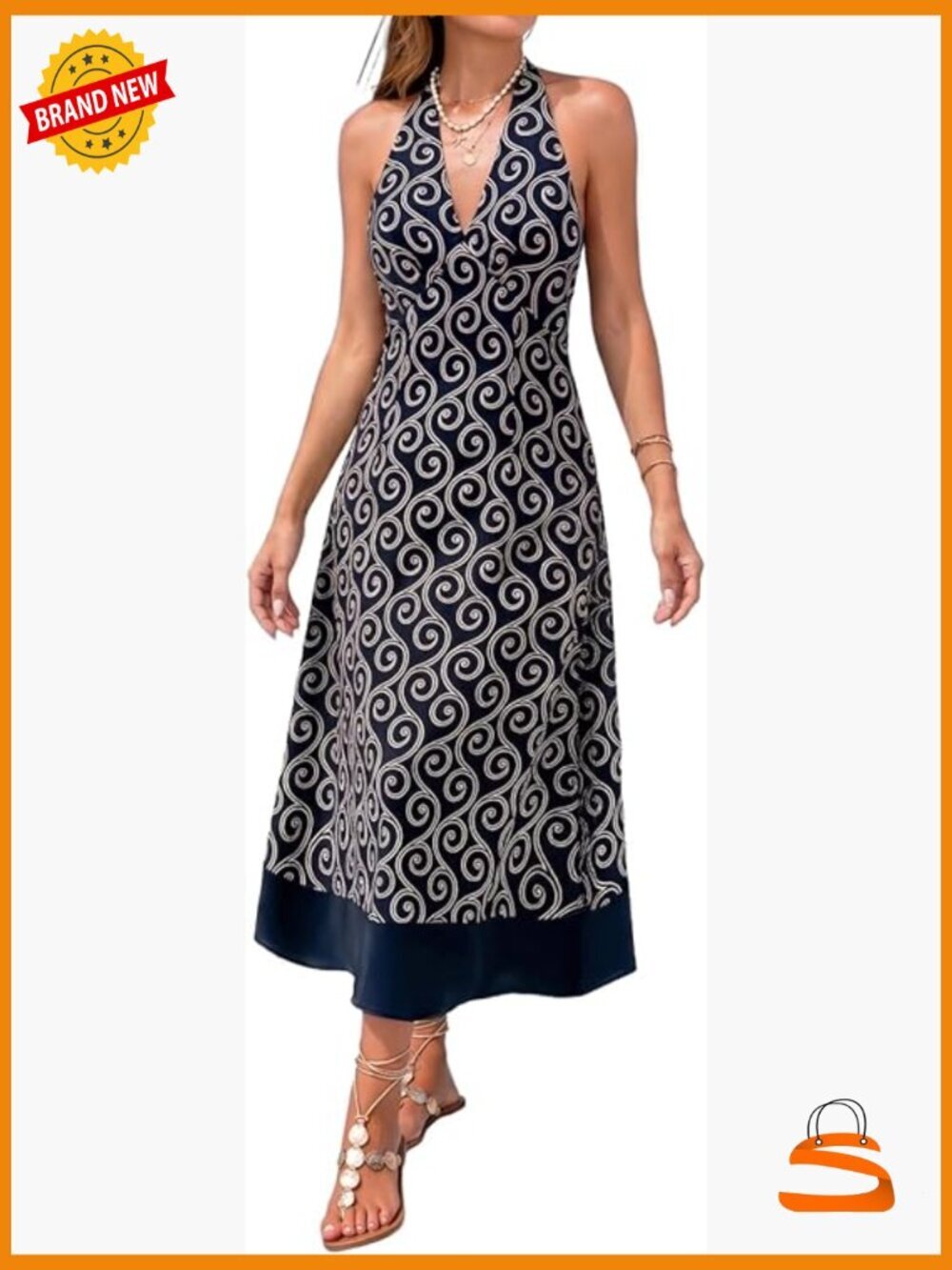Geometric Halter V Neck Sleeveless Backless Maxi Dress Summer Vacation